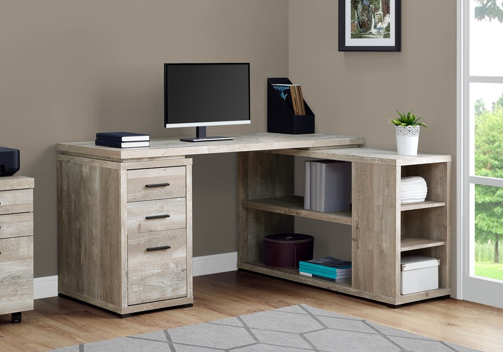 47" Taupe L Shape Computer Desk With Three Drawers