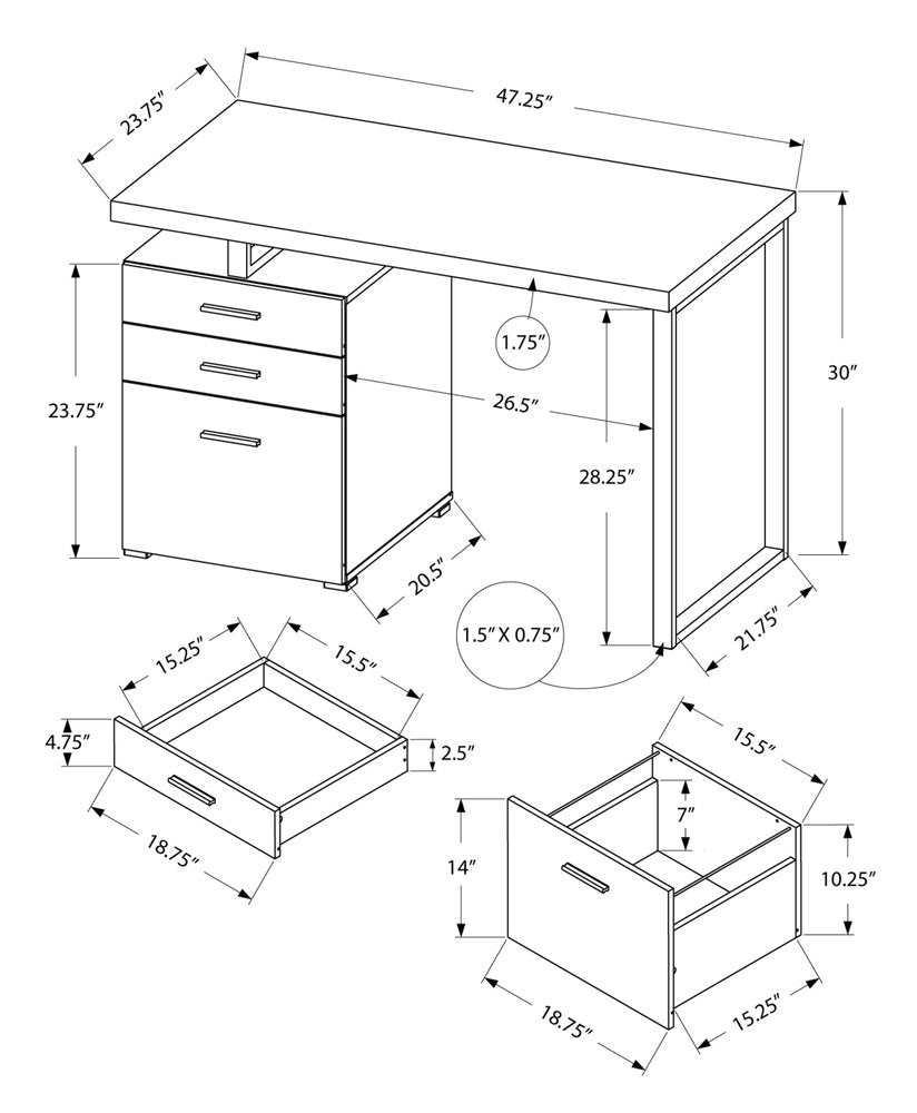 Escritorio para computadora de 24" gris y plateado con tres cajones