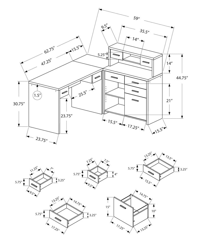 Escritorio para computadora en forma de L de 63" con ocho cajones, color marrón