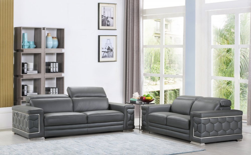 Conjunto de asientos para cinco personas en cuero italiano gris oscuro de dos piezas para interiores