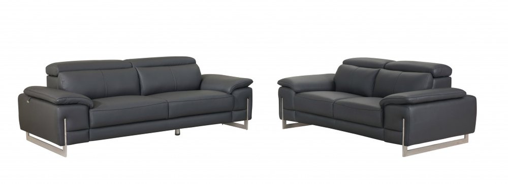 Conjunto de asientos para cinco personas en cuero italiano gris oscuro de dos piezas para interiores