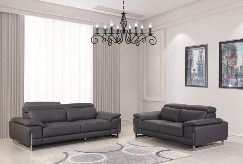 Conjunto de asientos para cinco personas en cuero italiano gris oscuro de dos piezas para interiores