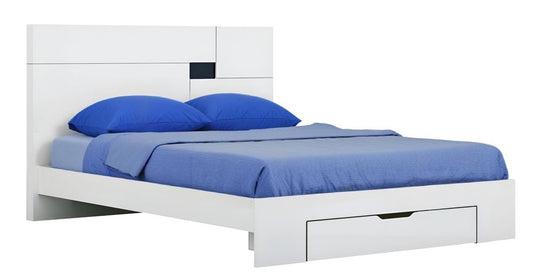 Cama King de madera blanca con plataforma y cajón de almacenamiento