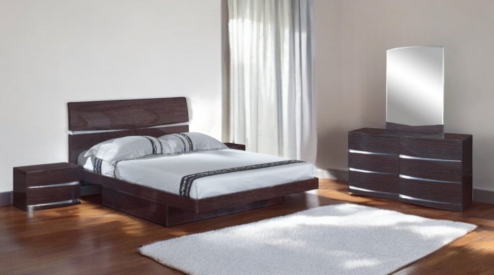 Juego de dormitorio de cuatro piezas de madera maciza marrón con espejo