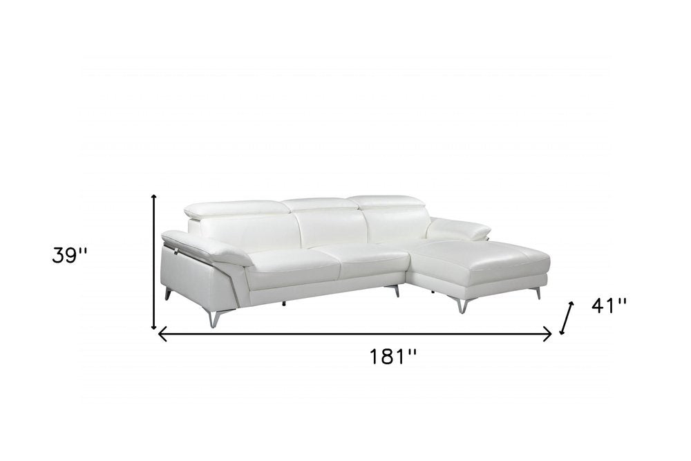 Sofá seccional de dos piezas en forma de L de cuero italiano blanco y chaise longue