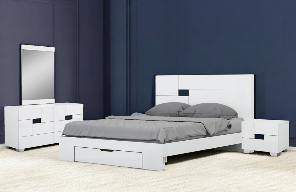 Juego de dormitorio de cuatro piezas de madera maciza blanca con espejo