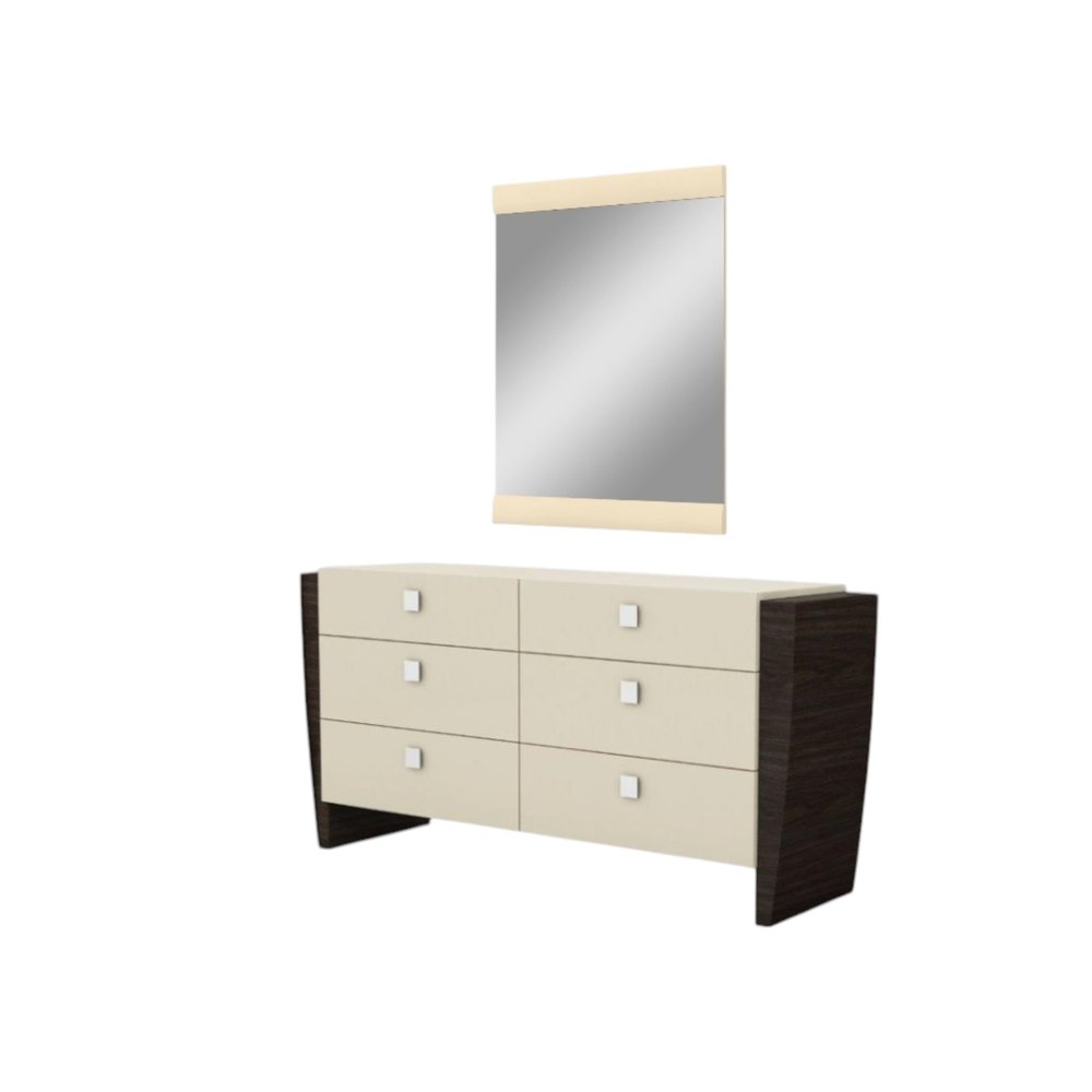 Juego de dormitorio de cuatro piezas en madera maciza y manufacturada beige con espejo