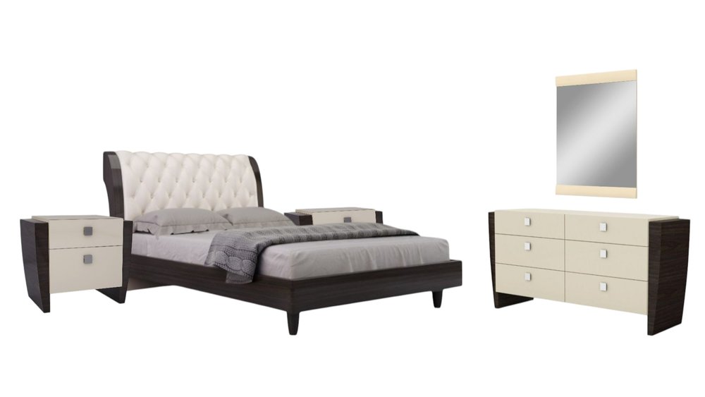 Juego de dormitorio de cuatro piezas en madera maciza y manufacturada beige con espejo