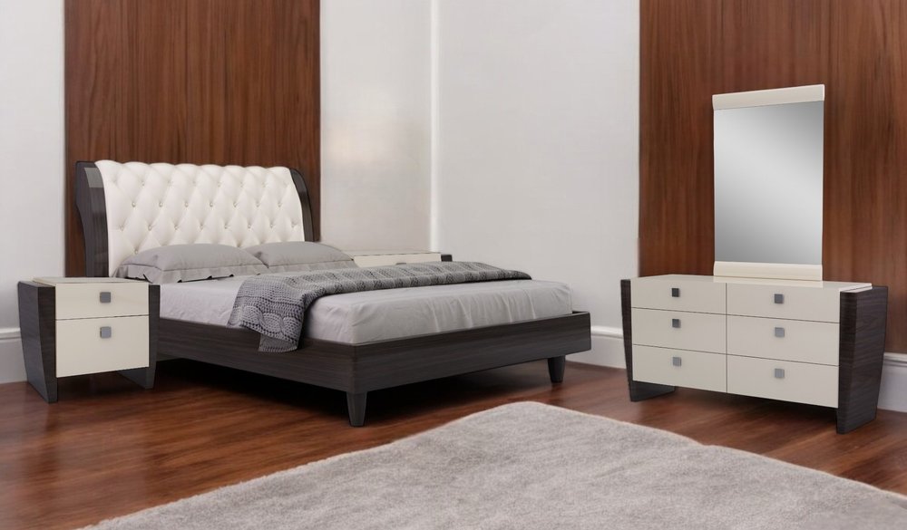 Juego de dormitorio de cuatro piezas de madera maciza beige con espejo