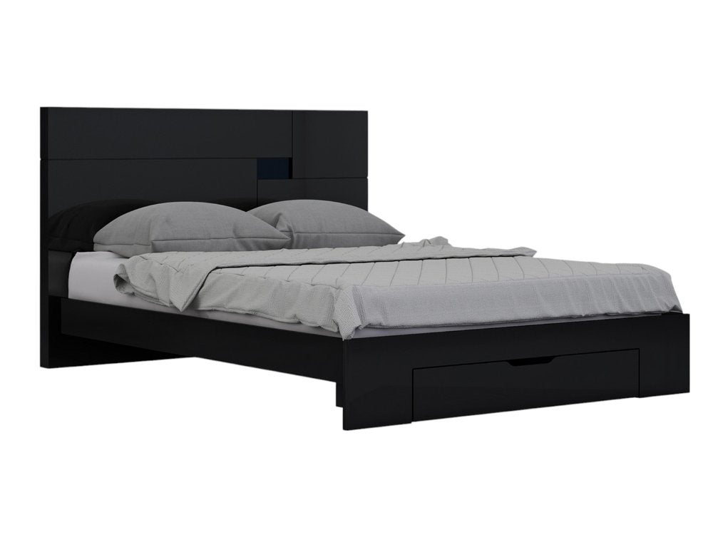 Juego de dormitorio de cuatro piezas de madera maciza negra con espejo