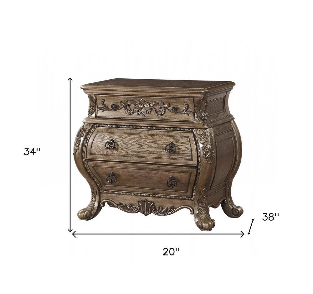 Mesita de noche de madera maciza con tres cajones, color champán, de 86 cm