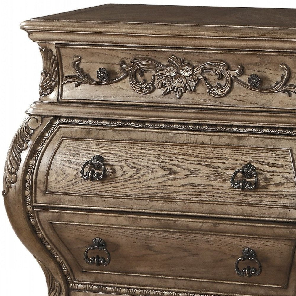 Mesita de noche de madera maciza con tres cajones, color champán, de 86 cm