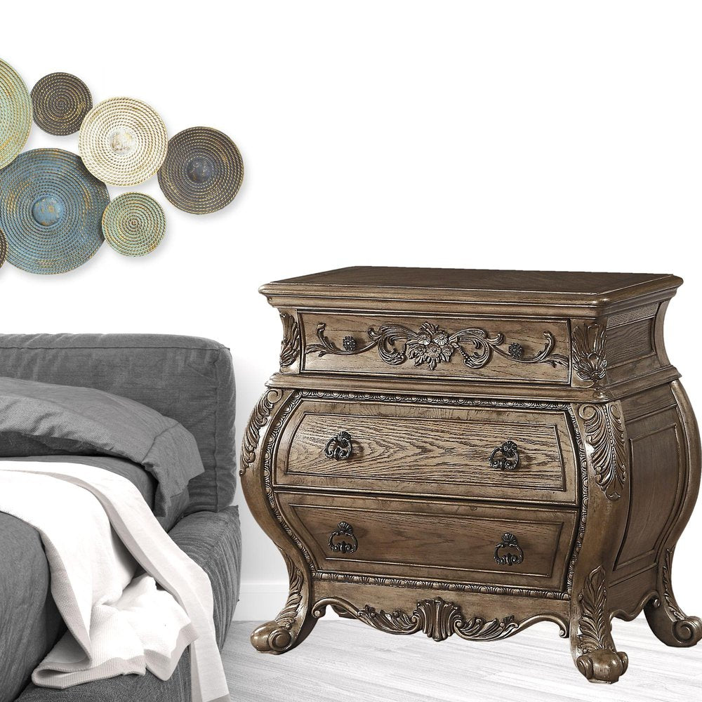 Mesita de noche de madera maciza con tres cajones, color champán, de 86 cm