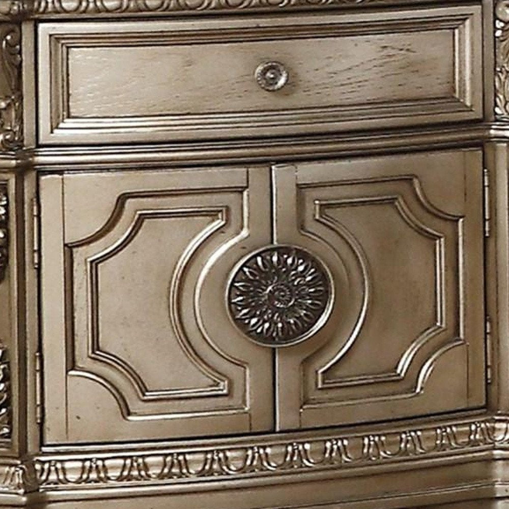 Mesita de noche de 29" color champán, con un cajón, imitación mármol y madera maciza, con espacio de almacenamiento
