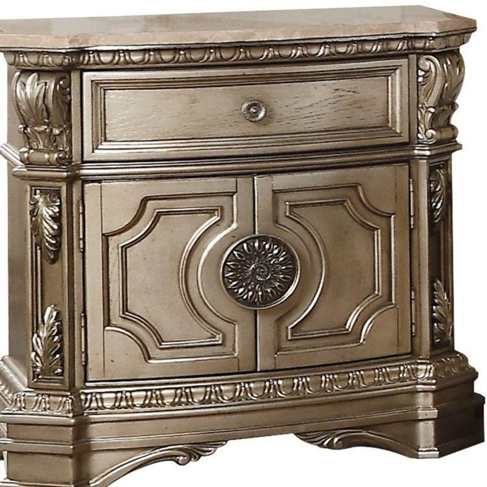Mesita de noche de 29" color champán, con un cajón, imitación mármol y madera maciza, con espacio de almacenamiento