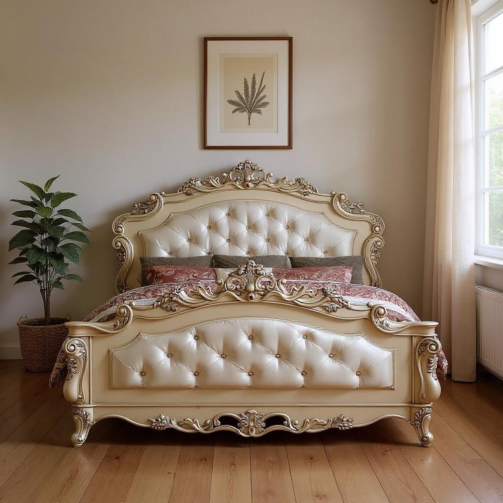 Marco de cama Queen de madera blanca envejecida y seda capitoné con ribete de tachuelas