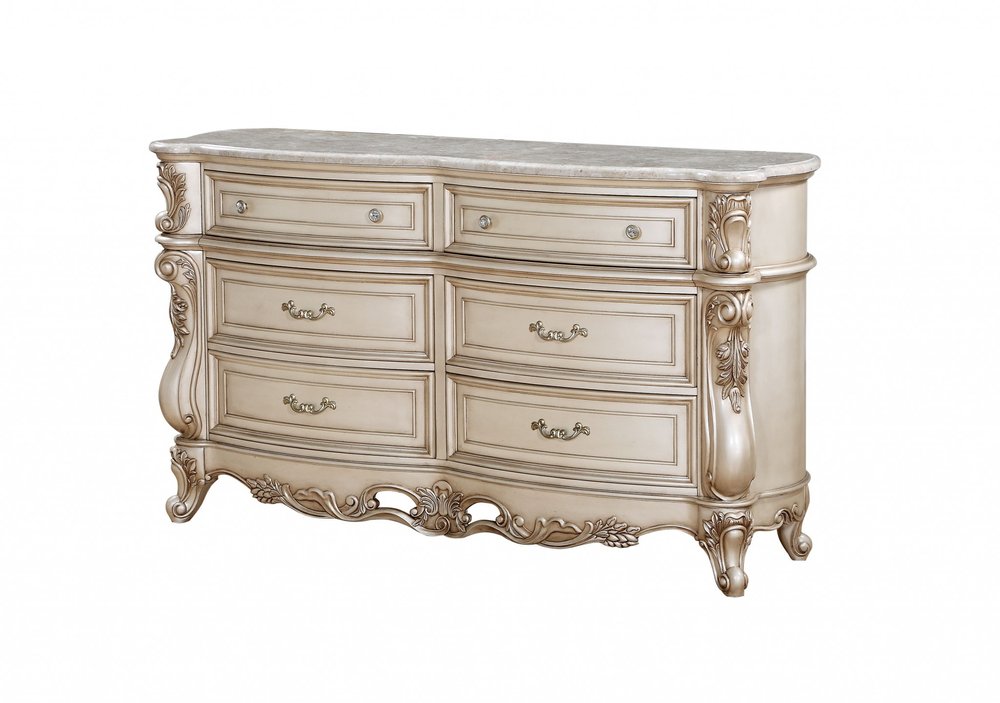 21" Antiqued White Wood Five Drawer Dresser