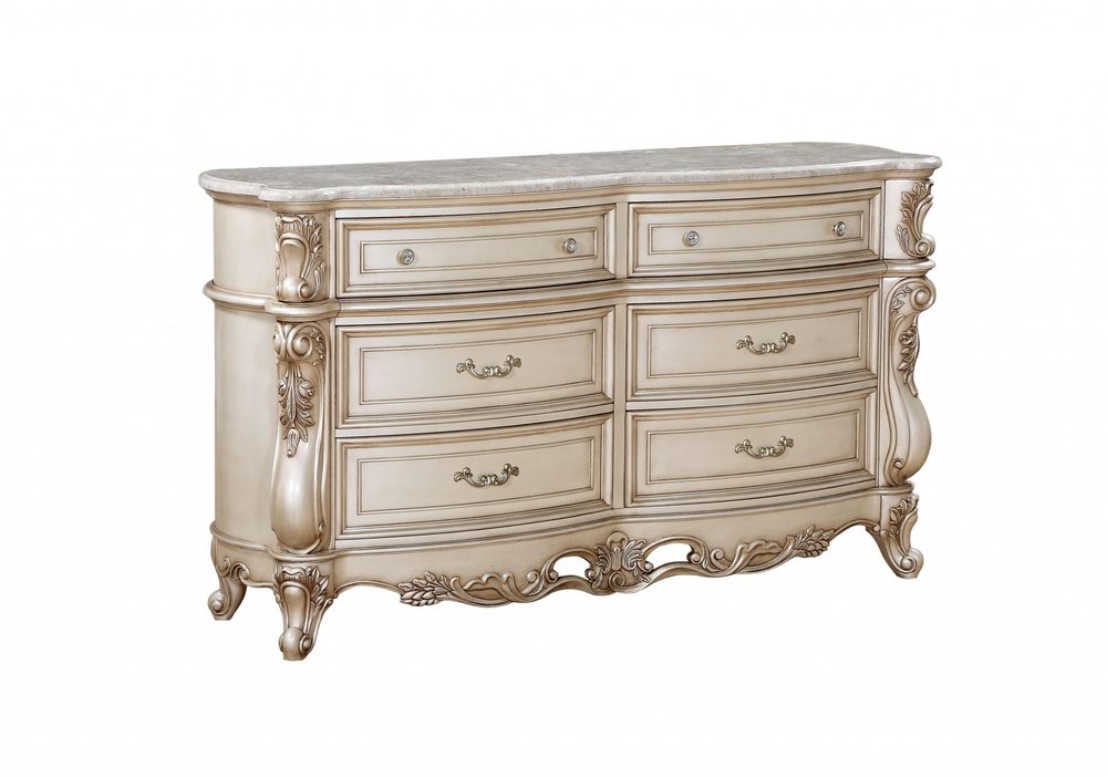 21" Antiqued White Wood Five Drawer Dresser