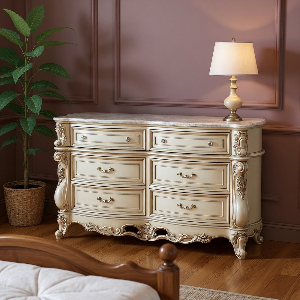 21" Antiqued White Wood Five Drawer Dresser
