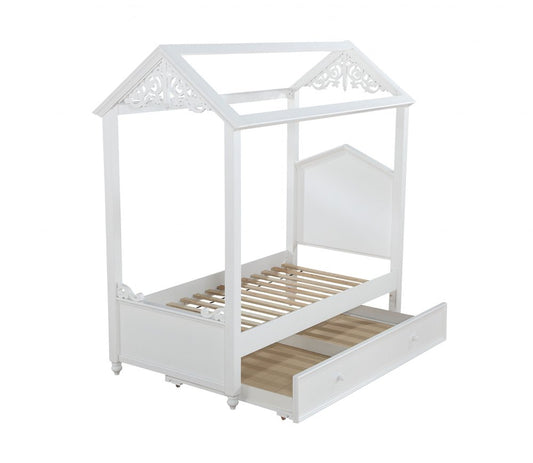 Marco de cama con dosel de madera blanca