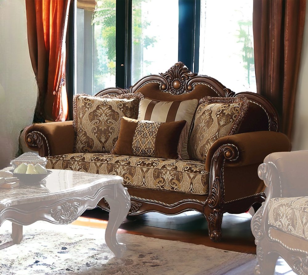 Loveseat Chesterfield de 69" con cojines decorativos en color marrón damasco