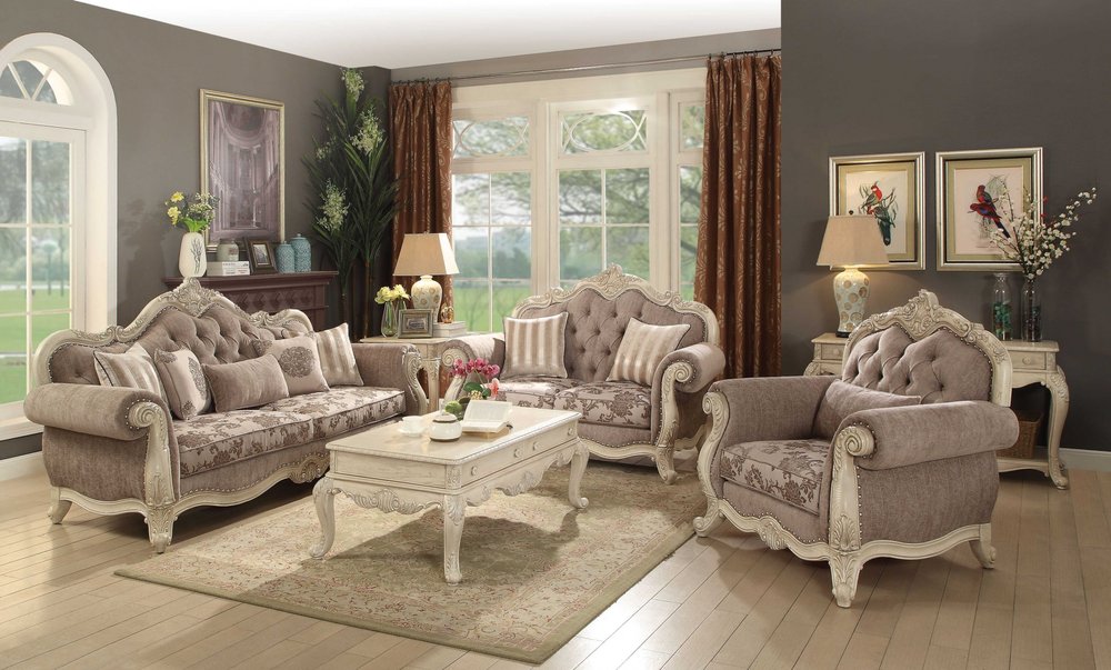 Loveseat Chesterfield de 69" con cojines decorativos en gris y blanco roto