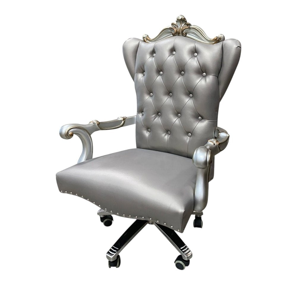 Silla ejecutiva giratoria ajustable con asiento capitoné de cuero sintético gris y respaldo de cuero