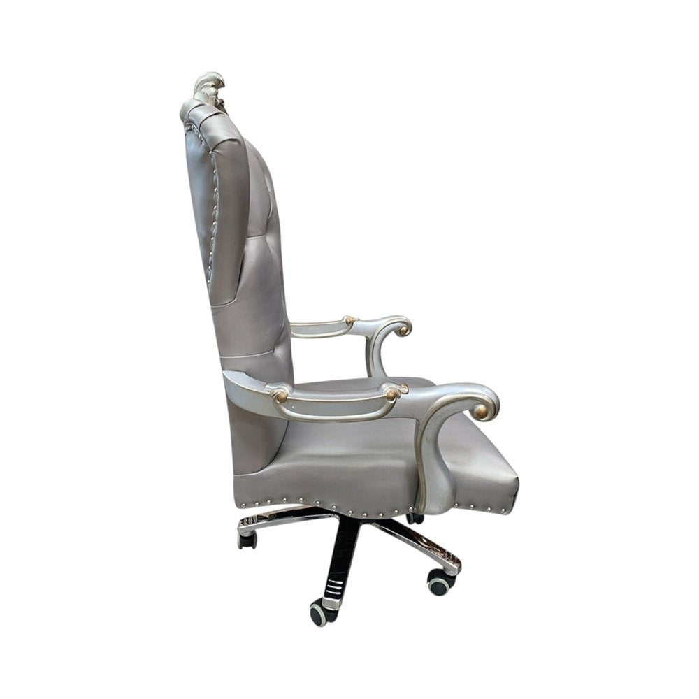 Silla ejecutiva giratoria ajustable con asiento capitoné de cuero sintético gris y respaldo de cuero