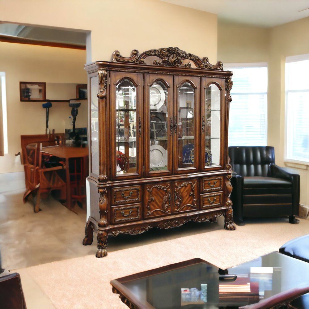 19" X 74" X 89" Cherry Oak Wood Poly Resin Glass Hutch Buffet