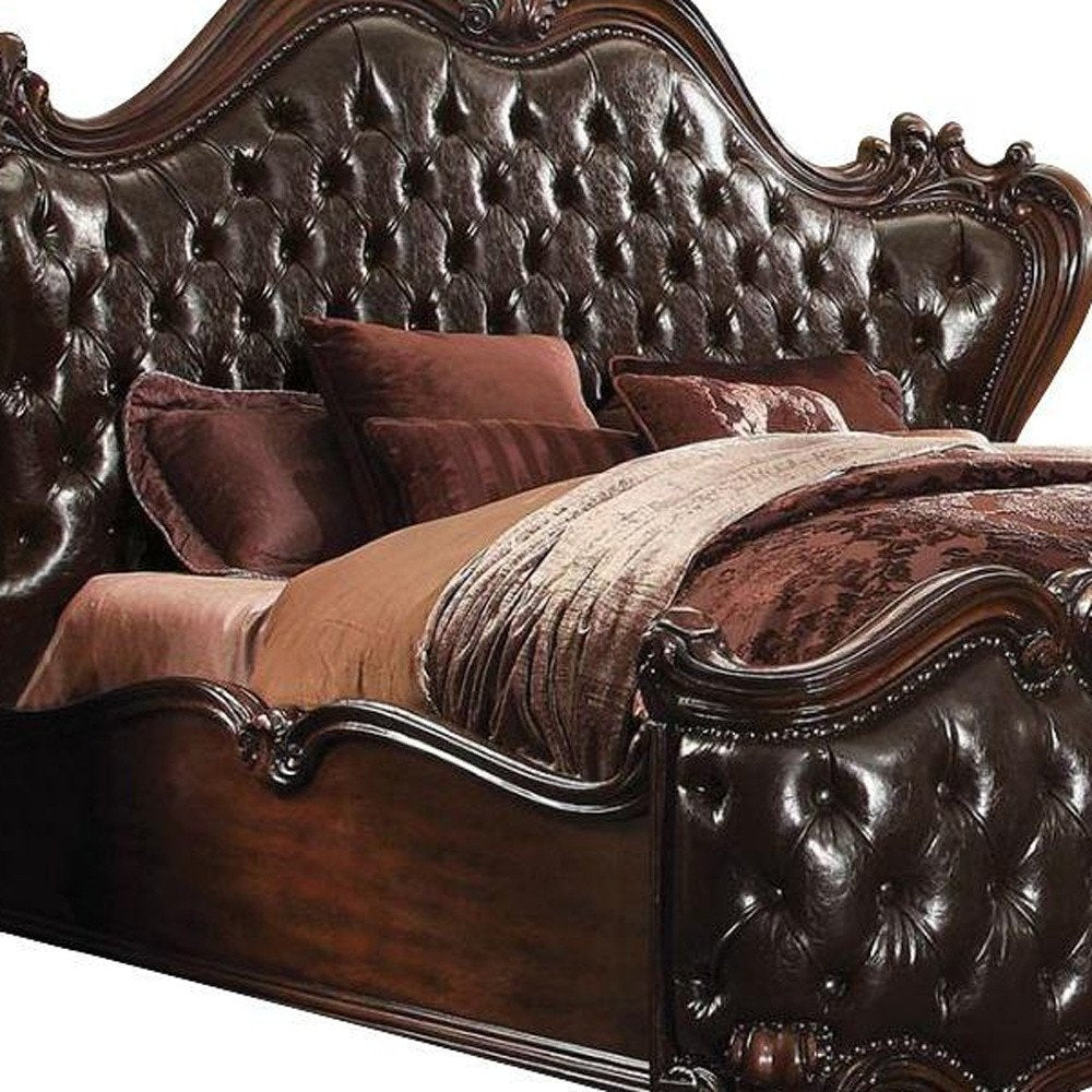 Estructura de cama King marrón oscuro con ribete de tachuelas