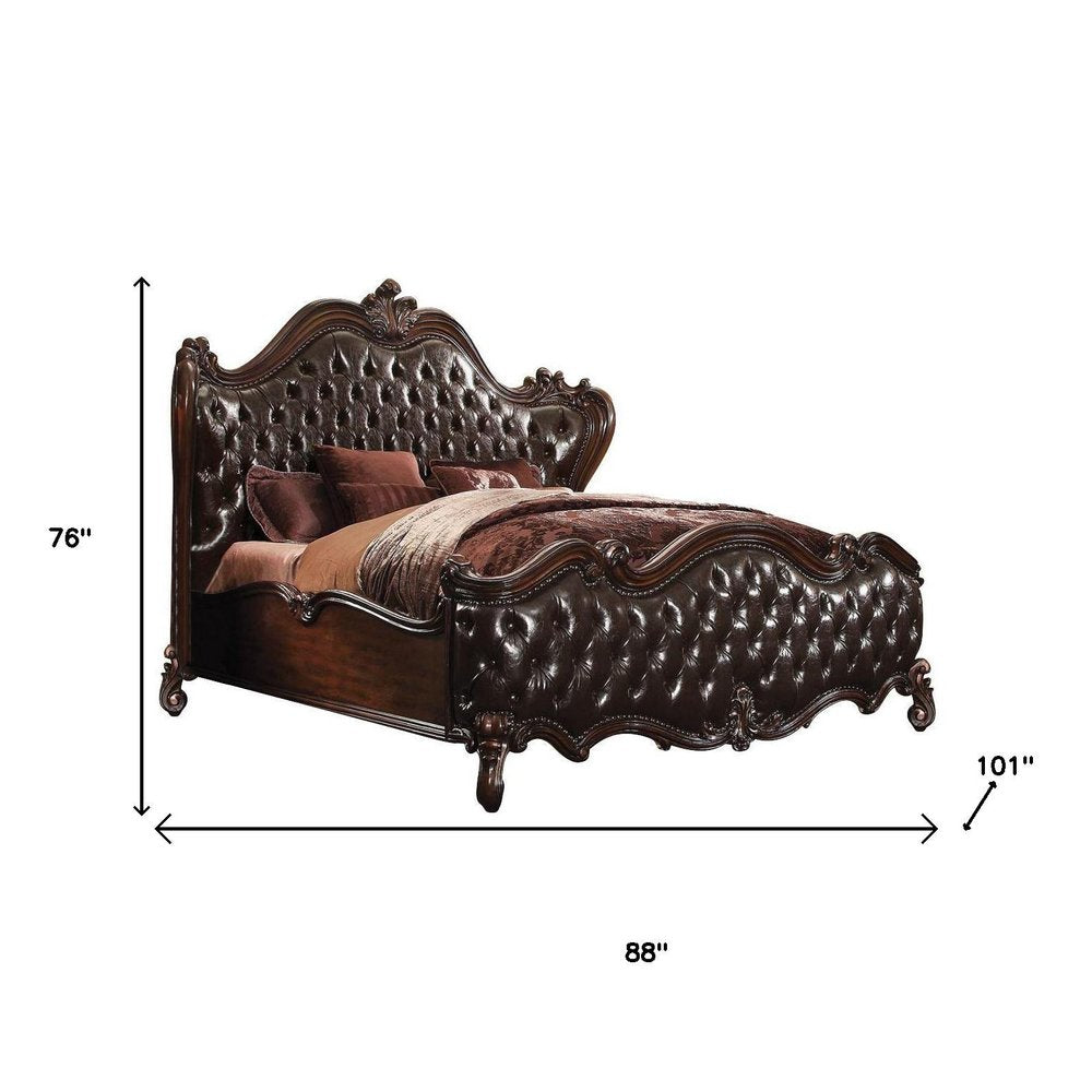 Estructura de cama King marrón oscuro con ribete de tachuelas