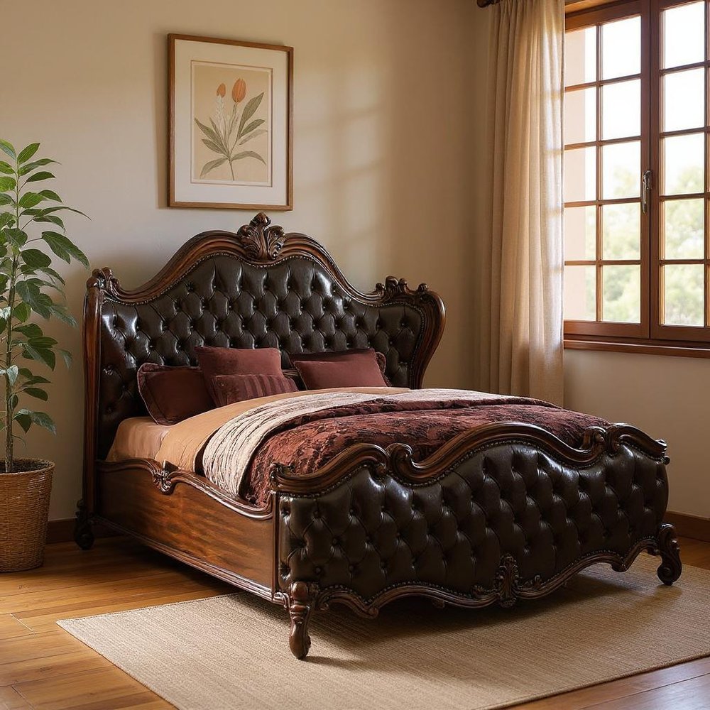 Estructura de cama King marrón oscuro con ribete de tachuelas