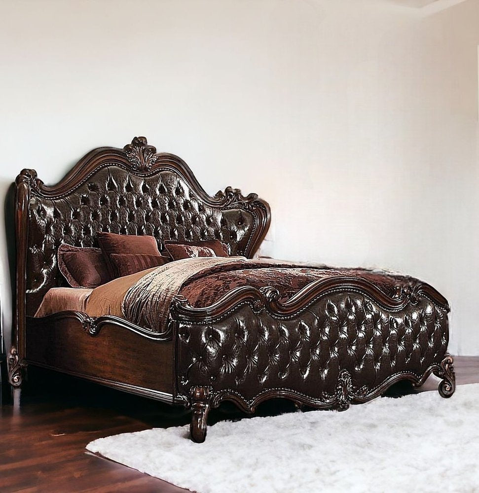 Estructura de cama King marrón oscuro con ribete de tachuelas