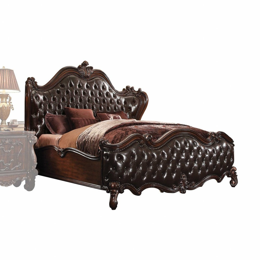Estructura de cama King marrón oscuro con ribete de tachuelas