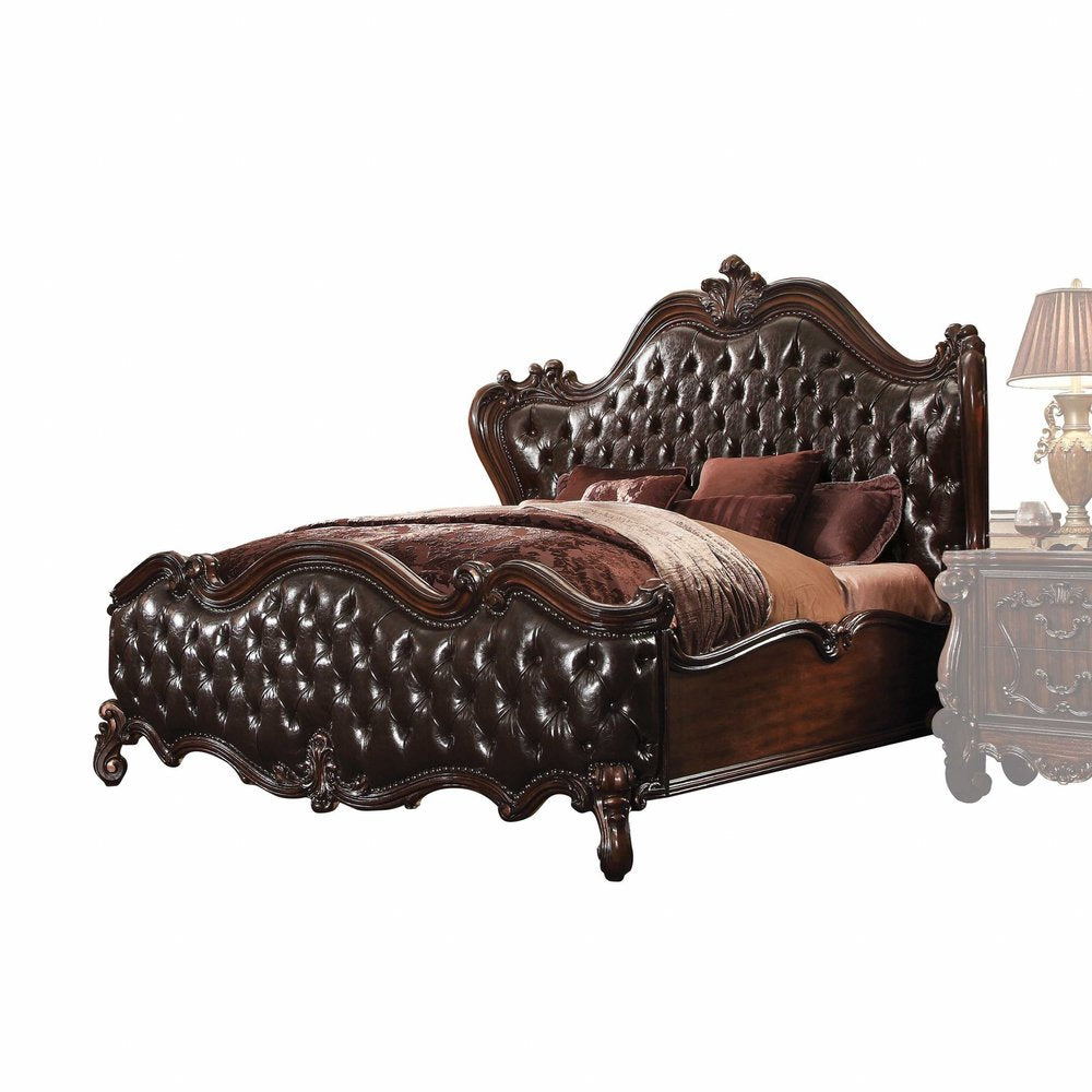 Estructura de cama King marrón oscuro con ribete de tachuelas