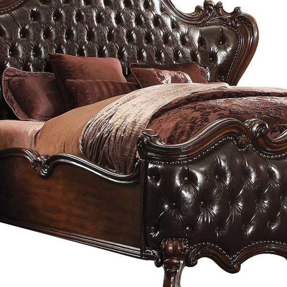 Estructura de cama King marrón oscuro con ribete de tachuelas