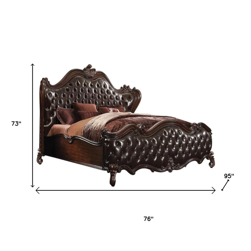 Estructura de cama King marrón oscuro con ribete de tachuelas