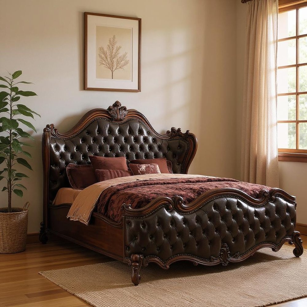Estructura de cama King marrón oscuro con ribete de tachuelas
