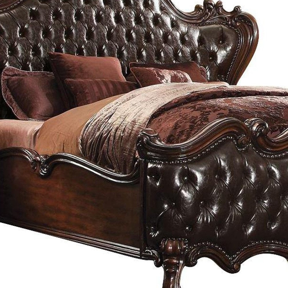 Estructura de cama King marrón oscuro con ribete de tachuelas