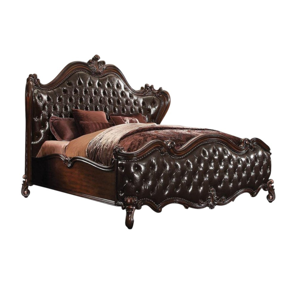 Estructura de cama King marrón oscuro con ribete de tachuelas