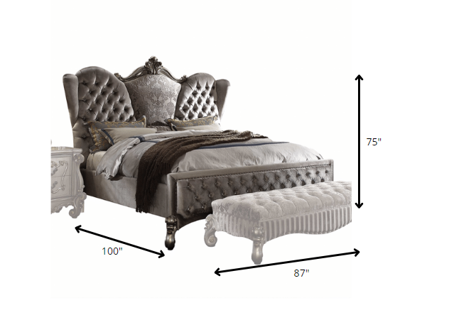 Cama California King de 87" x 100" x 75" con tapizado de terciopelo platino antiguo y resina de polietileno