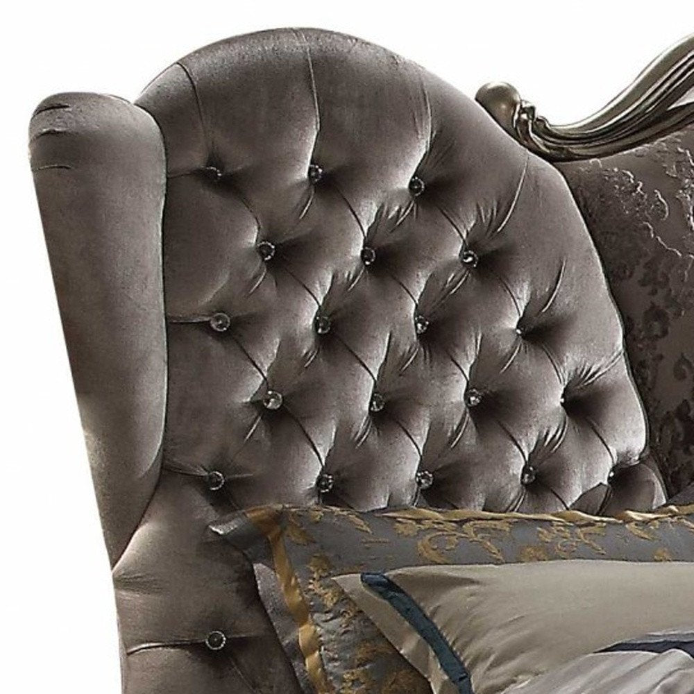 Cama California King de 87" x 100" x 75" con tapizado de terciopelo platino antiguo y resina de polietileno