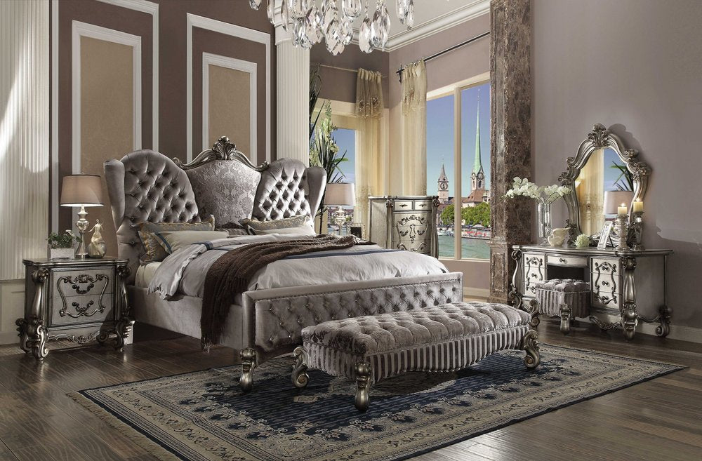 Cama California King de 87" x 100" x 75" con tapizado de terciopelo platino antiguo y resina de polietileno