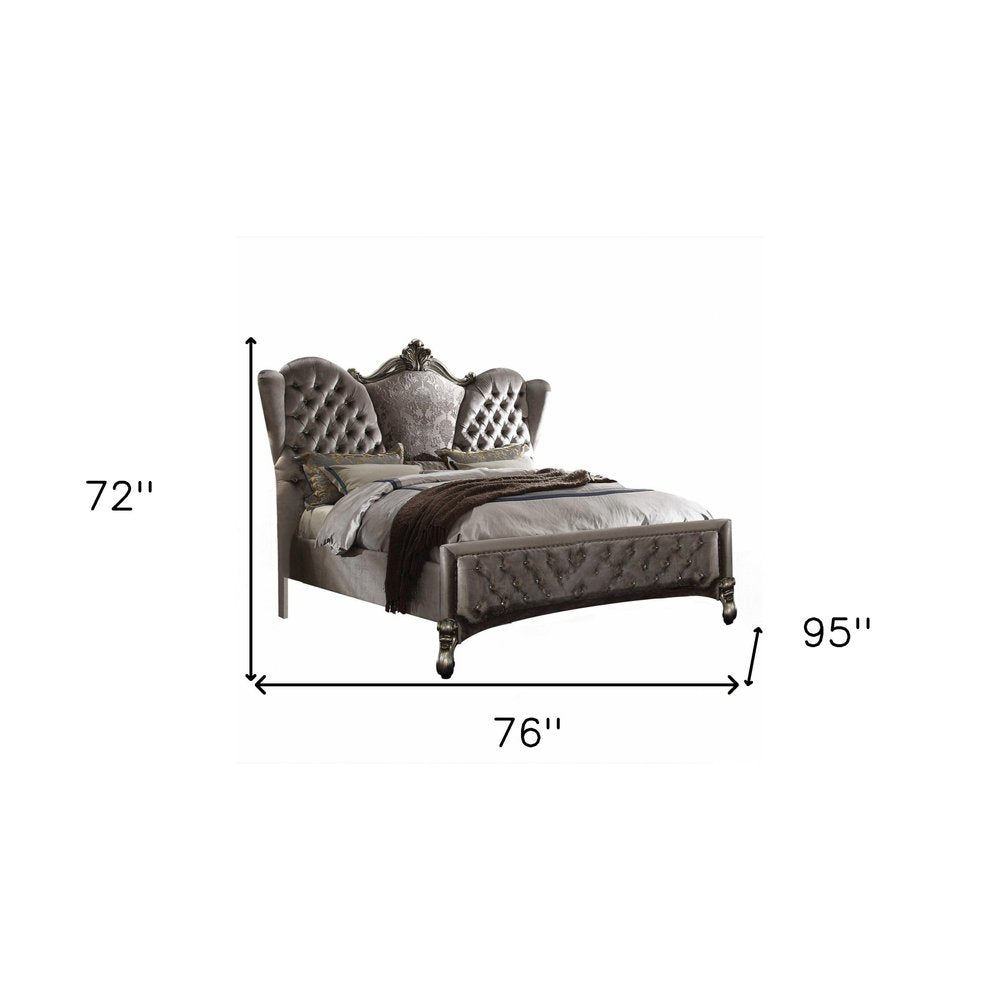 Cama California King de 87" x 100" x 75" con tapizado de terciopelo platino antiguo y resina de polietileno