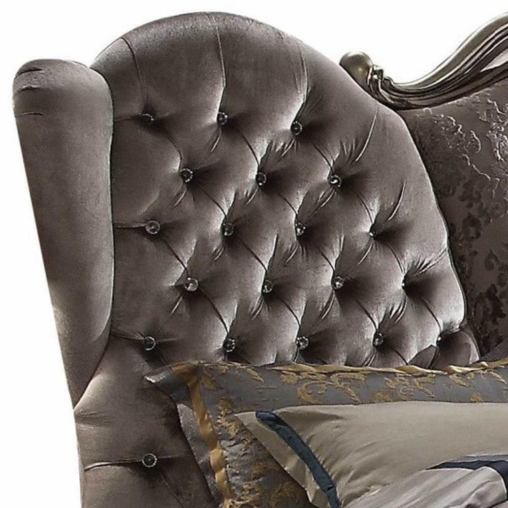 Cama California King de 87" x 100" x 75" con tapizado de terciopelo platino antiguo y resina de polietileno