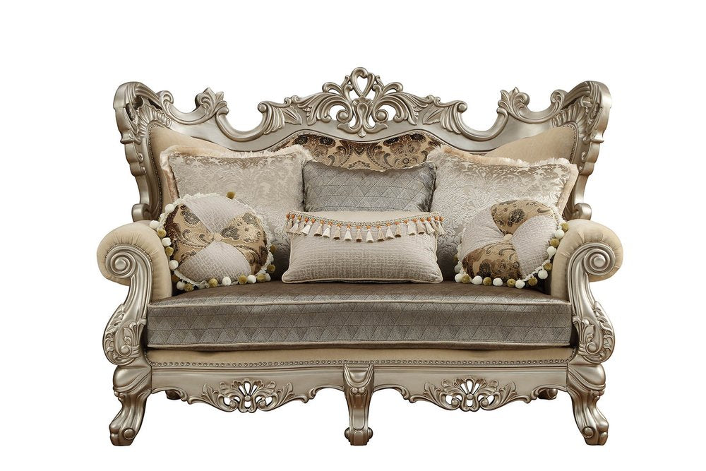 Loveseat Chesterfield de 183 cm con cojines en tonos crema y platino de damasco