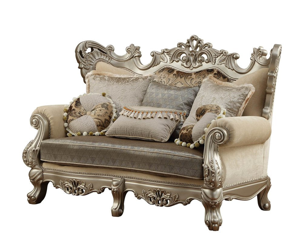 Loveseat Chesterfield de 183 cm con cojines en tonos crema y platino de damasco