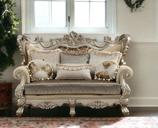Loveseat Chesterfield de 183 cm con cojines en tonos crema y platino de damasco