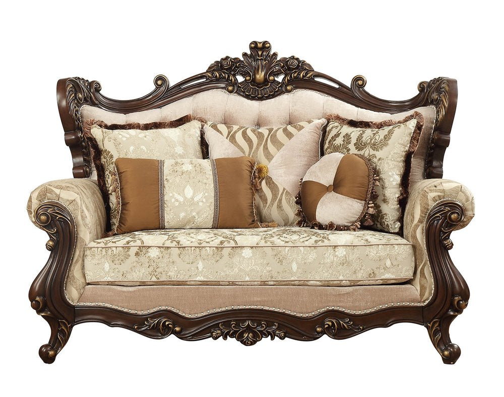 Loveseat de 70" con cojines en tonos beige y marrón y damasco marrón