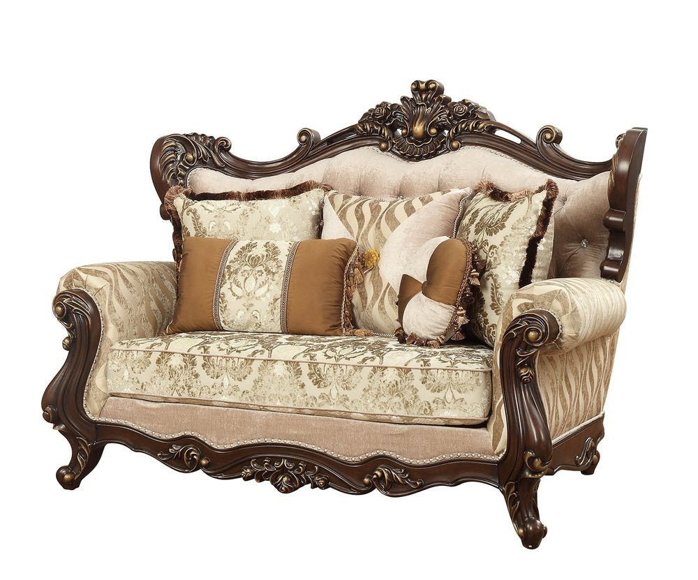 Loveseat de 70" con cojines en tonos beige y marrón y damasco marrón